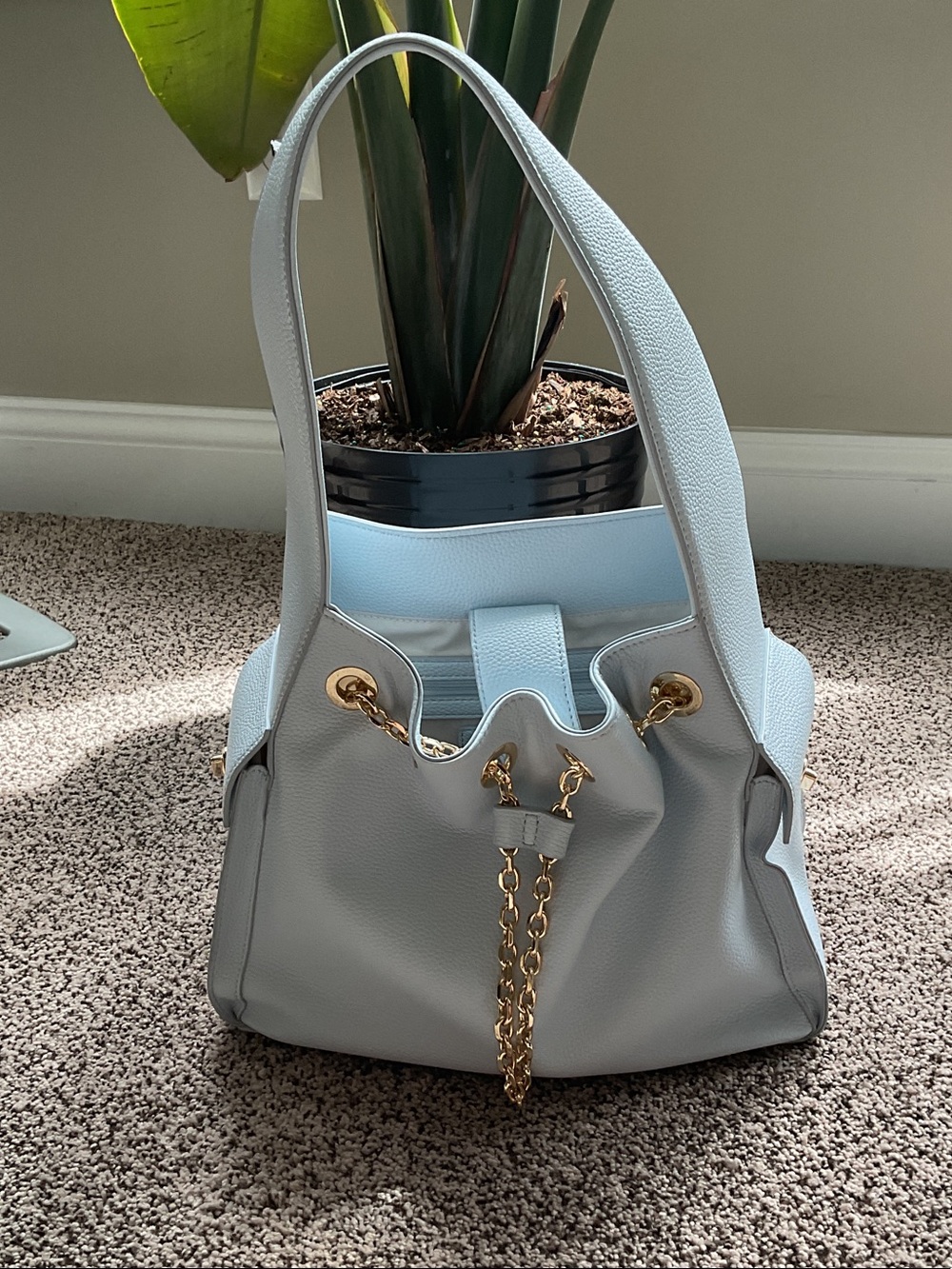 Light Blue Women's Shoulder Bag with Gold Chain Detail